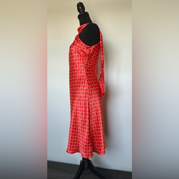 New Women’s Donna Ricco Silk Tie Neck Dress in Orange With Gold Circles Size 6P - Picture 6 of 16